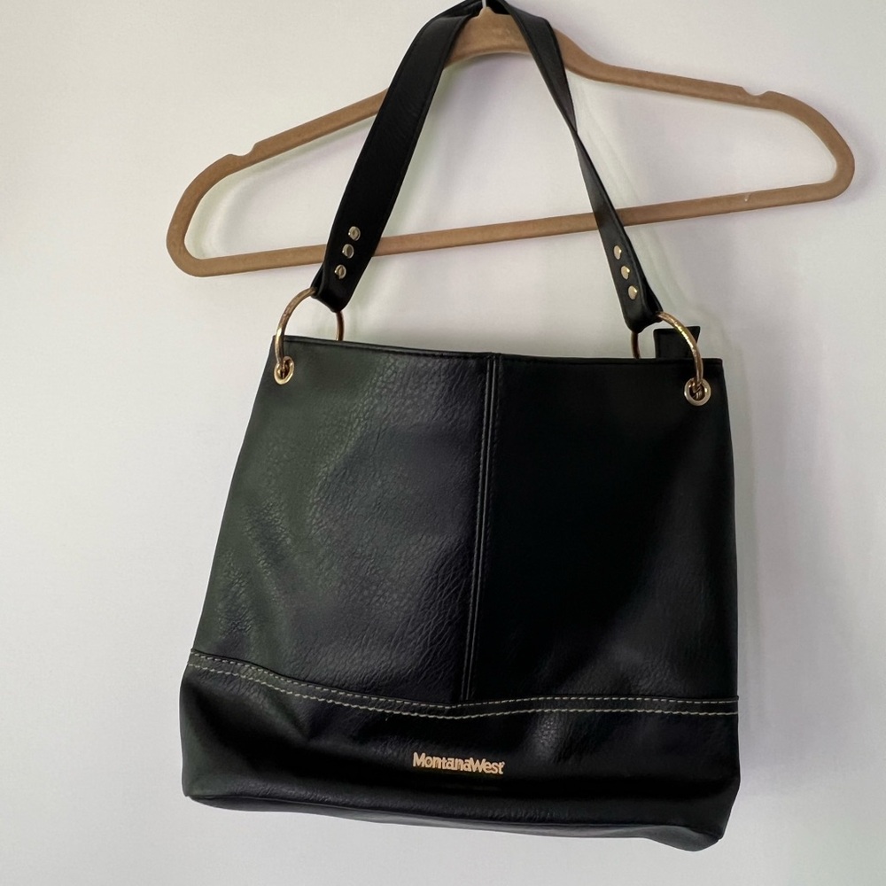 Montana West Black Faux Leather Shoulder Bag with Gold Accents